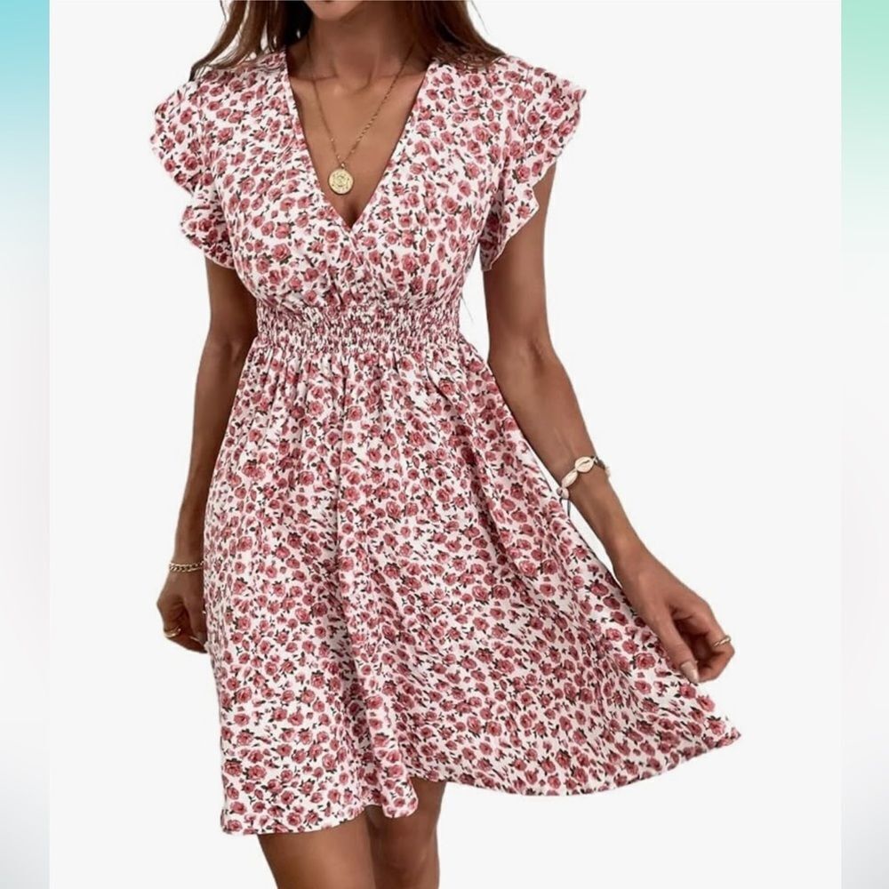 SHEIN M White Pink Rose Floral Faux Wrap Flutter Sleeve A-Line Dress